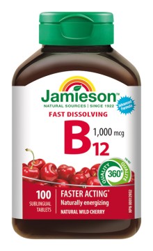 Jamieson Vitamín B12 metylkobalamin 1000 mcg rychle rozpustné tablety s příchutí třešně 100 tbl.