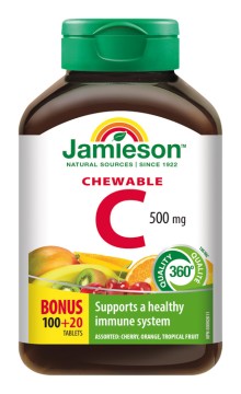 Jamieson Vitamín C 500 mg tablety na cucání mix tří ovocných příchutí 120 tbl.