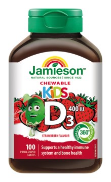 Jamieson Vitamín D3 Kids 400 IU tablety na cucání s příchutí jahody pro děti 100 tbl.