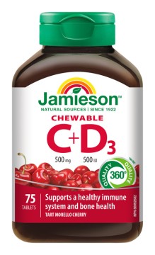 Jamieson Vitamíny C a D3 500 mg/500 IU tablety na cucání s příchutí višně 75 tbl.